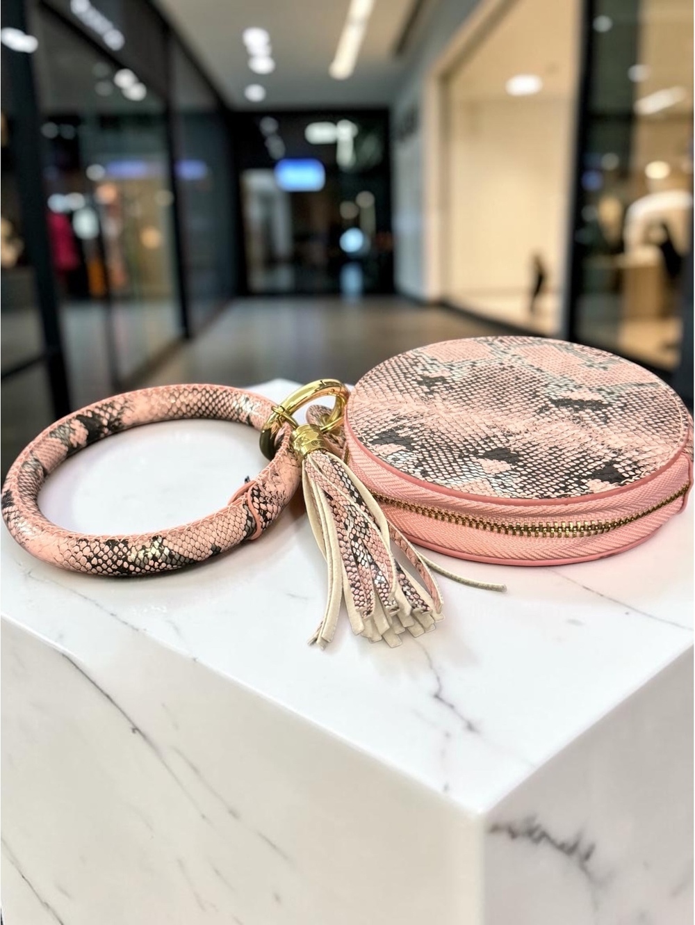 Pink Snakeskin Wristlet Bangle Wallet Round Zip ID Card Holder Tassel Key Ring